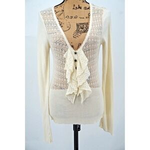 Free People Women Knit Top Small S Ivory Ruffle Low V-Neckline Semi Sheer Cotton